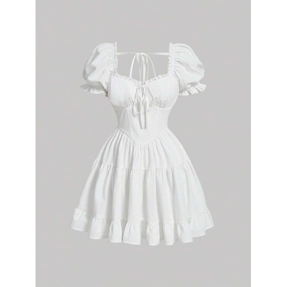 White Womens Elegant Solid Color Front Tie Ruffle Hem Dress With Puffed Sleeves