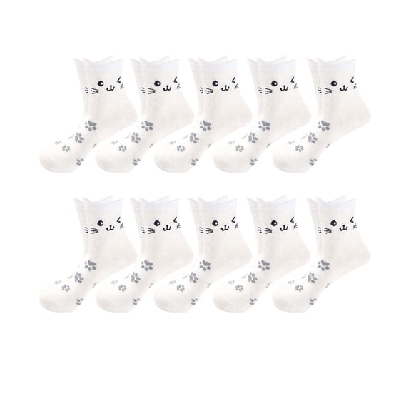 White Womens Fashion Cartoon Cat Design Winter Mid Calf Socks Breathable Cotton Socks In White One Size Length 7.09 Inch