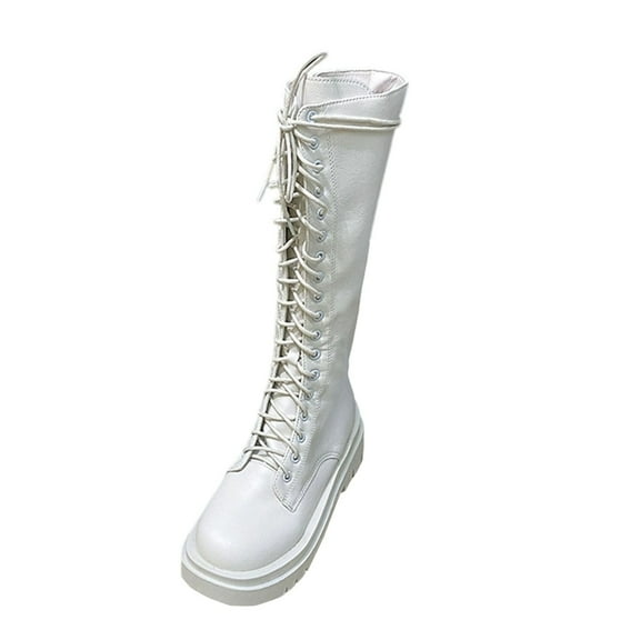 White Womens Fashion Winter Strap British Style Lace Up Thick Sole Thick Heel Long Boots For Indoor