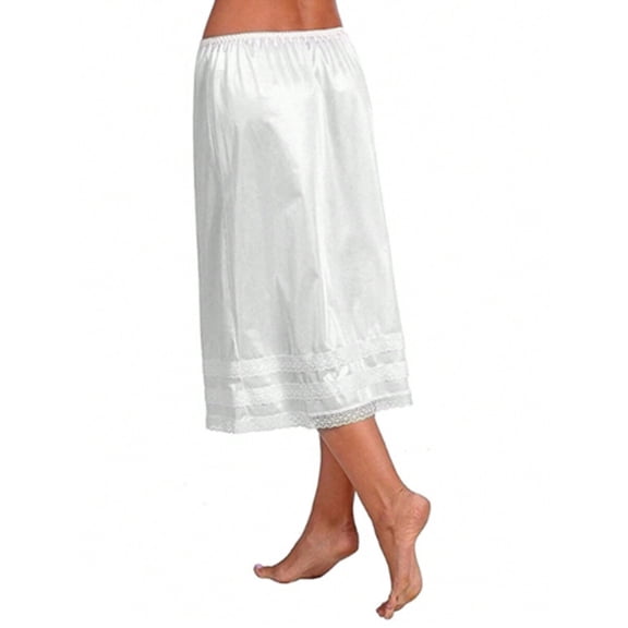 White Womens Half Slip Underskirt With Lace Trim Satin Mid-Length Pull-On Skirt