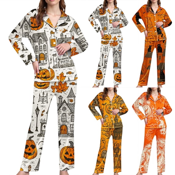 White Womens Halloween Pajamas Satin Long Sleeve Button Top Matching Pants 2026 Fall Cute Satin Ghost Pumpkin Print Sleepwear 2XL
