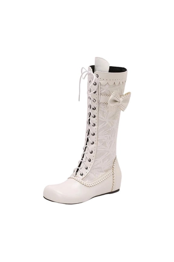 White Womens Knee-High Boots With Flat Sole And Bow Detail For Winter Style And Everyday Use