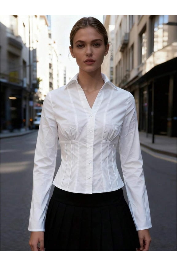 White Womens Long Sleeve Button-Front Blouse With Cinched Waist And Ruched Detail Structured Fabric Office Wear