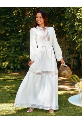 White Womens Long Sleeve Maxi Dress With Lace Insert And Relaxed Fit