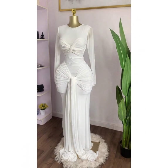 White Womens Long-Sleeved Round-Neck Ruched Wrap Mermaid Maxi Dress