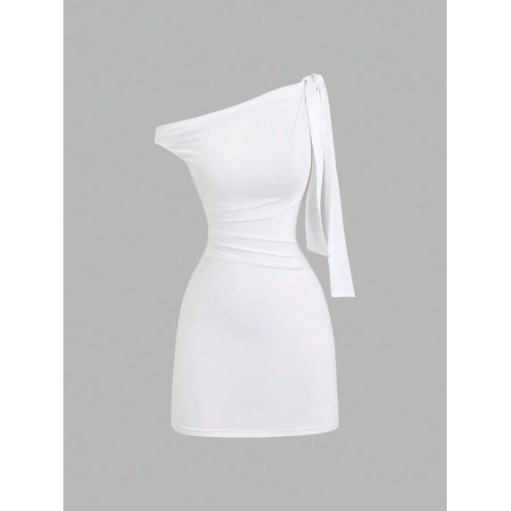 White Womens One Shoulder Ruched Bodycon Mini Dress With Tie Detail