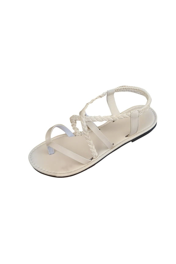 White Womens Open Toe Braided Strap Sandals With Elastic Band Flat Platform Sole Beach Casual Slide Shoes Comfortable Pu Material