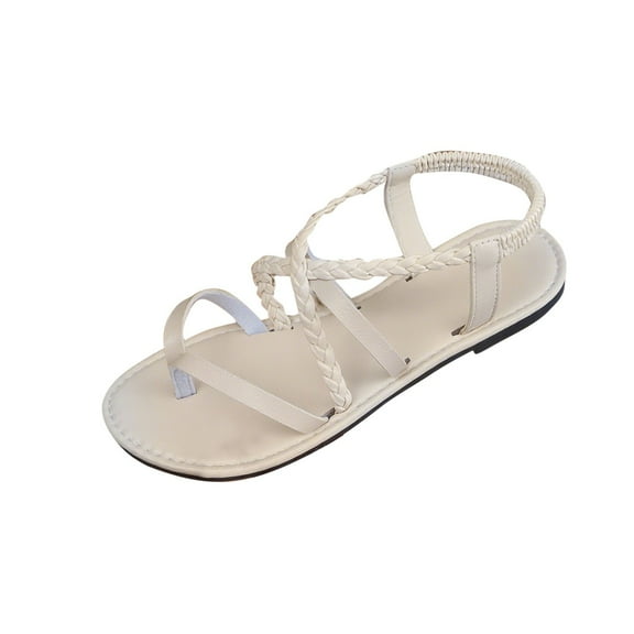 White Womens Open Toe Braided Strap Sandals With Elastic Band Flat Platform Sole Beach Casual Slide Shoes Comfortable Pu Material