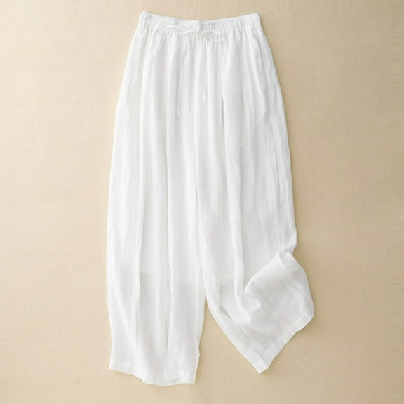 White Womens Pants Loose Spring and Summer Solid Color Cotton Leisure Pants Elastic Waist Wide Legs Casual Pants Casual Pants Women