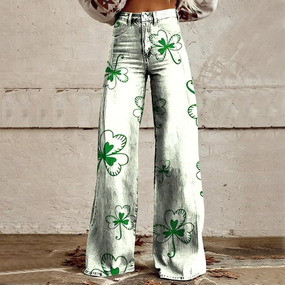 White Womens Pants Wide Leg Pants Woman High Waist Floral Patterned Pants Lightweight Loose Fit Casual Colorful Trouser Imitation Jeans
