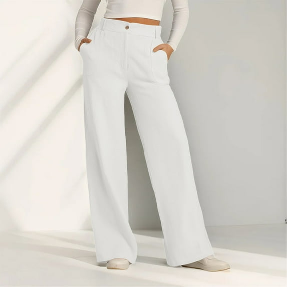 White Womens Pants Women's Solid Colored Cotton and Linen Button Down Wide Leg Long Pants with Loose Outer Pockets Casual Pants Women