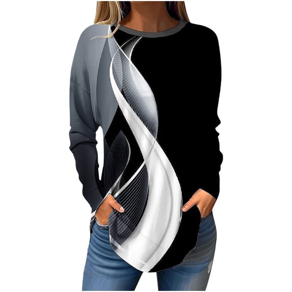 White Womens Plus Size Tshirts, Long Sleeve Plus Tshirts for Women Plus Size, Weekend Polyester Plus Size Spring Blouses, Women's Printed Fashion Casual Pullover Round Neck Top