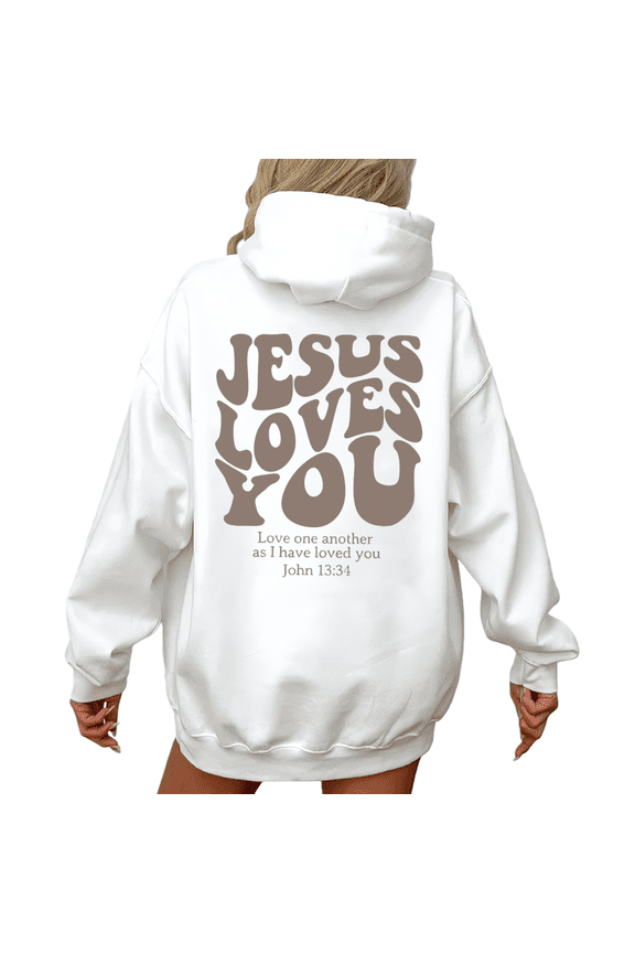White Print hoodie Graphic Sweatshirt Lively Brown Tone JESUS LOVES YOU John 13:34 Christian Phrase Outdoor Faith Fellowship Activity Wear S-2XL Tops