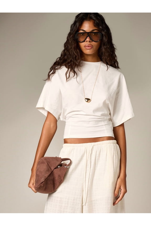 White Womens Ruched Cinched Short Sleeve Crop T-Shirt Casual Relaxed Fit Crew Neck Summer Top