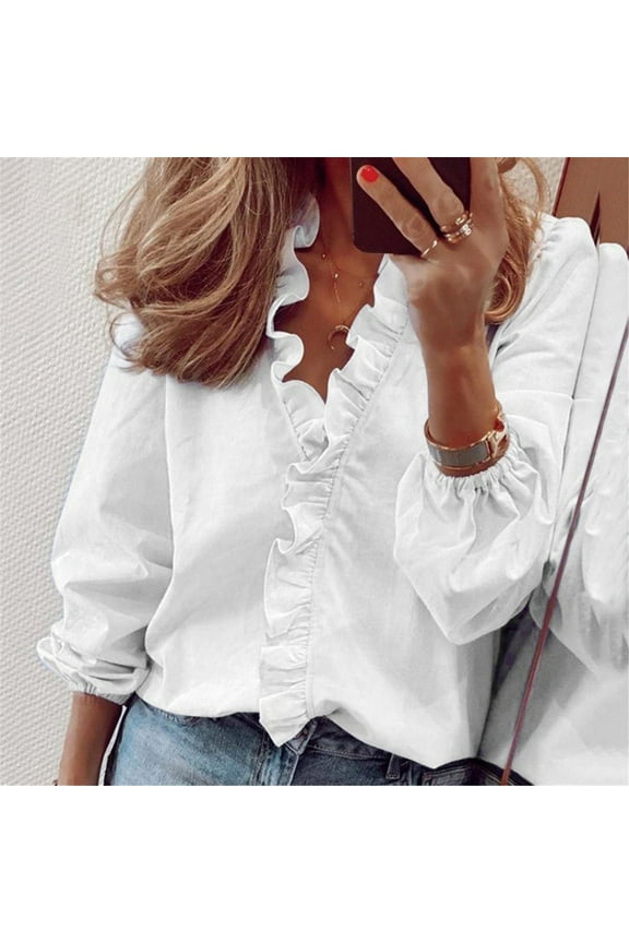 Long Sleeve Dress Shirts for Women White Women's Summer Ruffle V-Neck Short Solid Print Casual Dressy T-Shirt Top