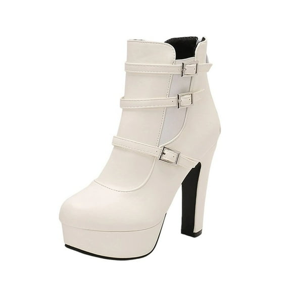 White Womens Short Boots With Back Zipper And High Heel For Winter Comfort And Style