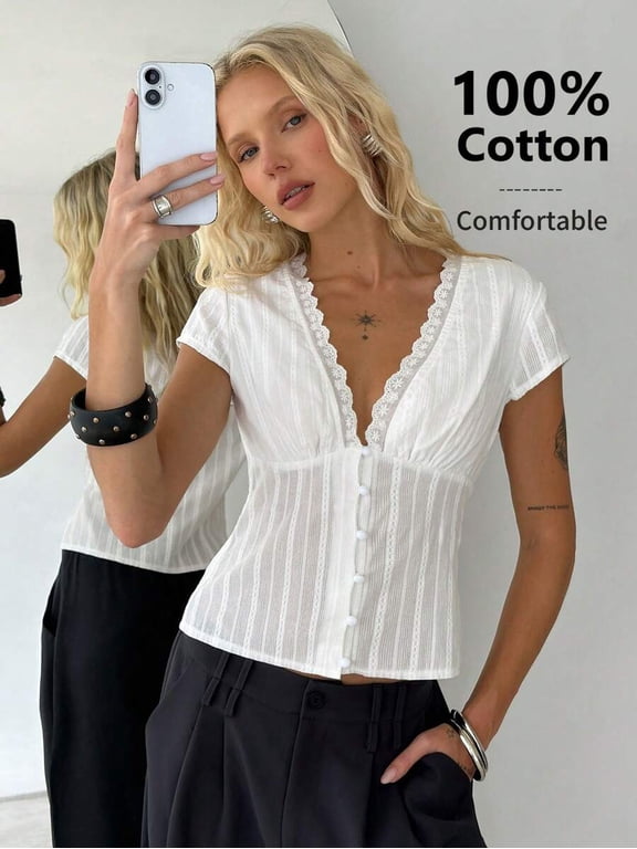 White Womens Short Sleeve Fitted Blouse With Lace Trim V-Neck Button Front Ruched Cotton Top