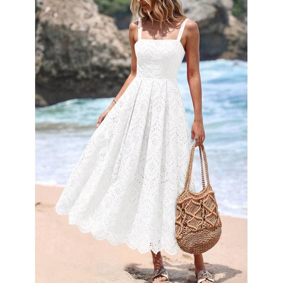 White Womens Sleeveless Maxi Sundress With Eyelet Cutout Square Neck Flowy Beach Vacation Dress