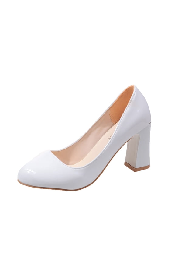 White Womens Slip-On Pumps With Block Heel And Round Toe Perfect For Summer Comfort And Dressy Casual Occasions