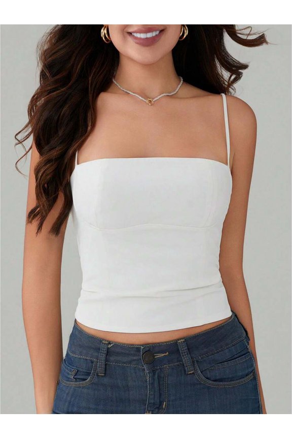 White Womens Spaghetti Strap Cropped Cami Top Fitted Sleeveless Solid Color Summer Tank