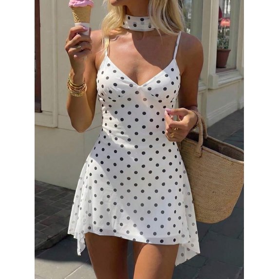 White Womens Summer Mini Sundress Spaghetti Strap V-Neck Vacation Dress