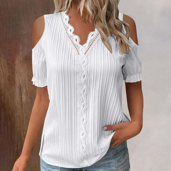 White Womens Summer Tops Women Summer Lace V Neck Plain Lace Elegant Shirt Fashion Solid Color Elegant Blouse Short Sleeve Comfy Soft Tee Shirts for Women