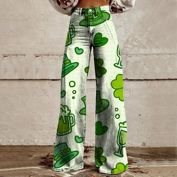 White Womens Sweatpants Wide Leg Pants Woman High Waist Floral Patterned Pants Lightweight Loose Fit Casual Colorful Trouser Imitation Jeans