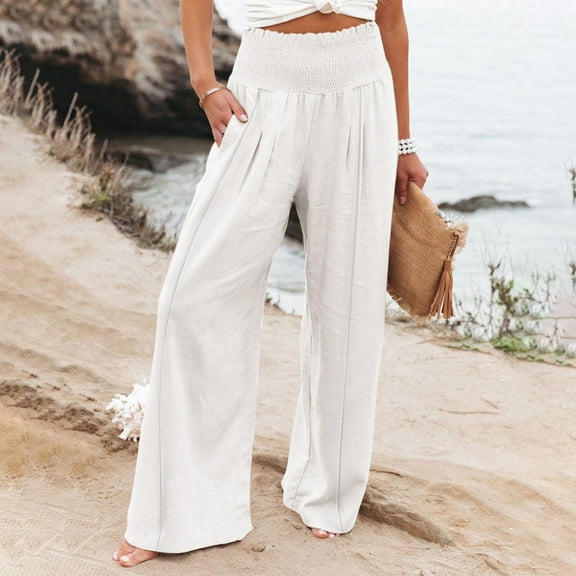White Womens Sweatpants Women Summer High Waisted Cotton Linen Palazzo Pants Wide Leg Long Pant Trousers with Pocket Casual Pants Women