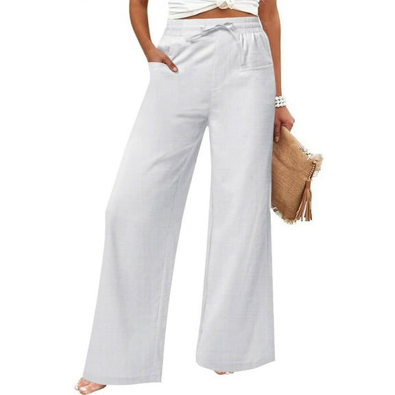 White Womens Sweatpants Women's Casual Cotton and Linen Wide Leg Pants with Pockets Boho Palazzo High Waisted Trousers Sweatpants Womens Fashion