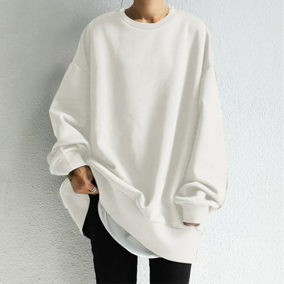White Womens Sweatshirt Womens Oversized Sweatshirts Long Sleeve Crewneck Loose Fit Casual Solid Pullover Tops Fall Clothes for Women