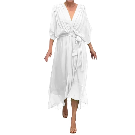 White Womens Tie Knot Basic High Low Maxi Long Dresses for Ladies Short Sleeve V Neck Lace Chiffon Lounge Fall Summer 2026 Clothes Y2K S