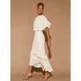 thumbnail image 1 of White Womens Tiered Ruffle Hem Midi Dress With Flared Short Sleeves And Round Neck, Elegant For Evening Or Cocktail, 1 of 7