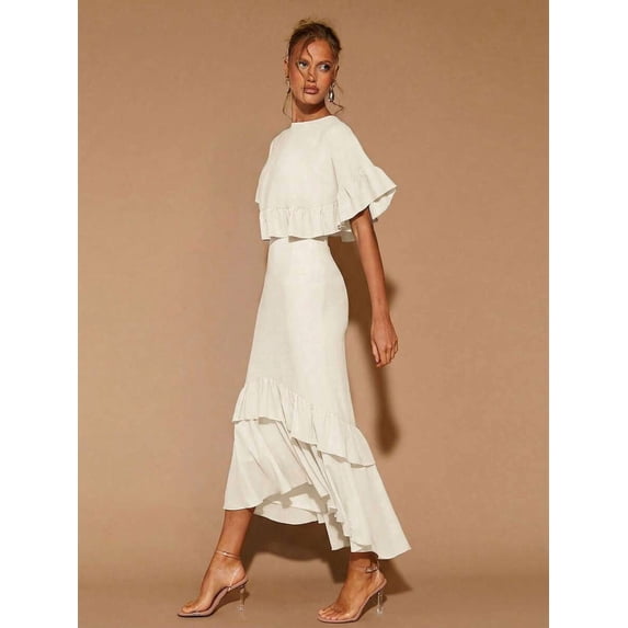 White Womens Tiered Ruffle Hem Midi Dress With Flared Short Sleeves And Round Neck, Elegant For Evening Or Cocktail