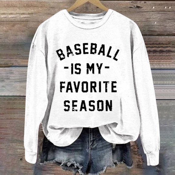 White Womens Tops Baseball Is My Favorite Season Women's Baseball Lettering Print Crew Neck Long Sleeve Top Fall Outfits for Women 2025