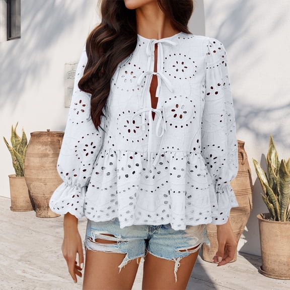 White Womens Tops Hollow Out T Shirt for Women Long Sleeve Tiered Ruched Tops Solid Color Tie Waist Tee Shirts Loose Summer Outfits Shirts for Women
