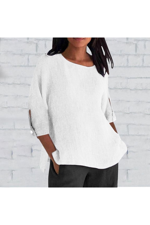White Womens Tops Ladies' Fashionable Casual Cotton and Linen Sleeve Seven Quarter Sleeve Top T Shirts for Women