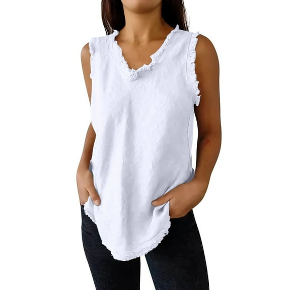 White Womens Tops Linen Sleeveless Tops for Women 2025 Summer Trendy Plain Ruffled V Neck Tank Shirts Casual Cool Edge Hem Camisoles Shirts for Women