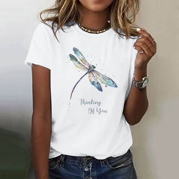 White Womens Tops Thinking Of You Women's Letter Printed Shirt Short Sleeve Round Neck T Shirt Fashion Top Lightweight Soft Casual Summer Clothing Clothes Shirts for Women