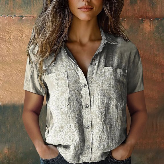 White Womens Tops Women Cotton Shirt Printed Fashion Down Shirts Casual Tops Short Sleeve Blouse Shirts for Women