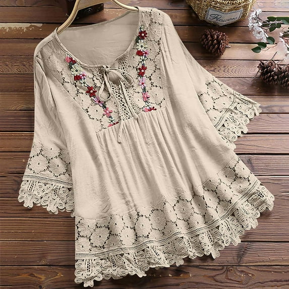Tshirts for Women Vintage Lace Patchwork Bow V Neck Three Quarter Blouses Top T Shirt Fashion Clothing