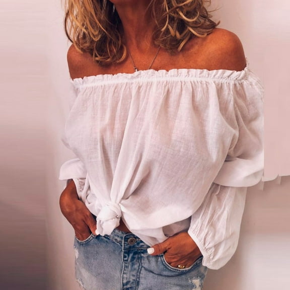 White Womens Tops Women's Blouse Off Shoulder Casual Sleeve T Shirt Shoulder Tops Size Summer Loose Ruffle Top Going Out Tops for Women