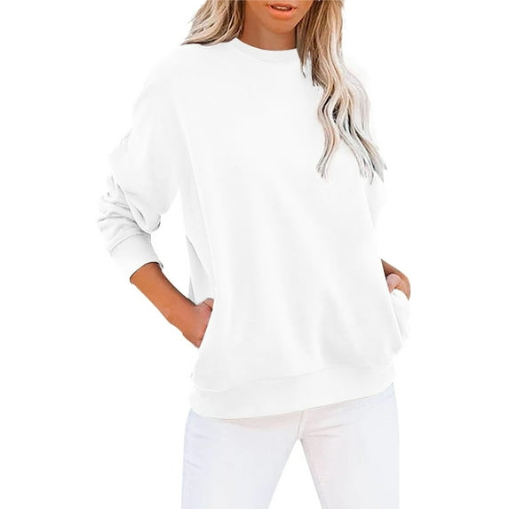 White Womens Tops Women's Crew Neck Solid Color Sweatshirt Tops Long Sleeves Casual Pullover Cute Lightweight Loose Tops Fall Outfits for Women 2025