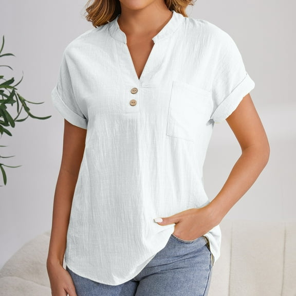 White Womens Tops Women's Fashion Casual V Neck Button Down Short Sleeve Top T Shirts for Women