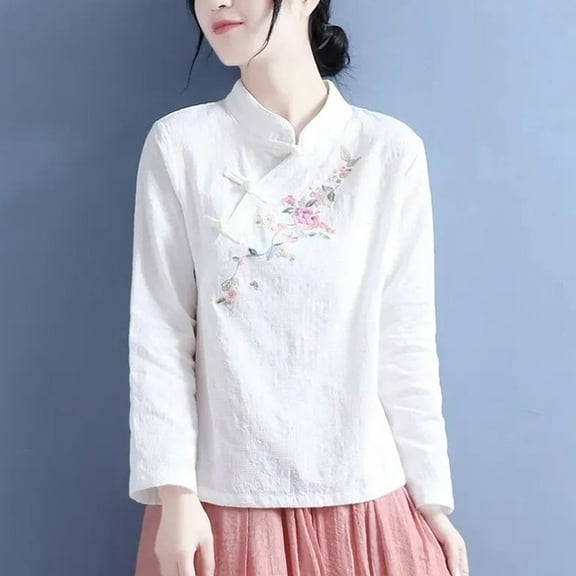 White Womens Tops Women's Large Size Cotton and Linen Stand Up Collar Disc Buckle Embroidered Long Sleeve Literary Vintage Blouse Going Out Tops for Women