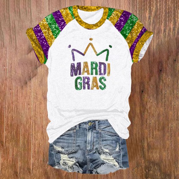 White Womens Tops Women's Round Neck Plunger Sleeve Mardi Print Short Sleeve Top Shirts for Women