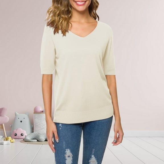White Womens Tops Women's Short Sleeves Sweaters V Neck Soft Pullover Top Shirts for Women