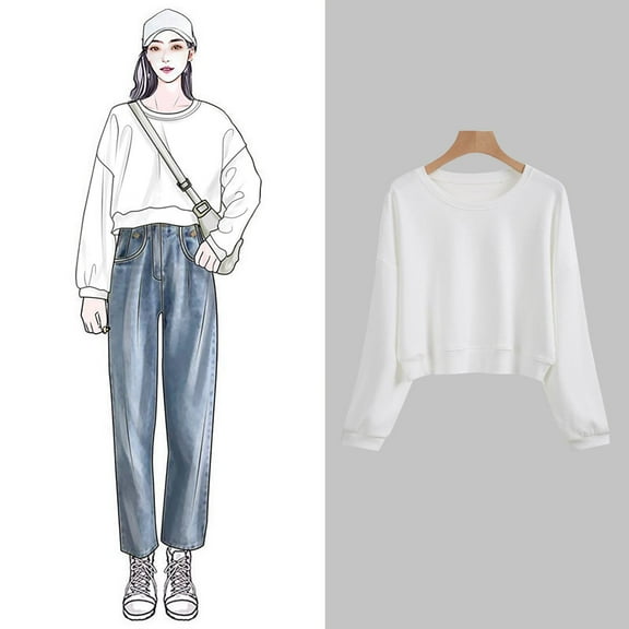 White Womens Tops Women's Solid Color Round Neck Casual Long Sleeve Cropped Sweater Top Fall Outfits for Women 2025