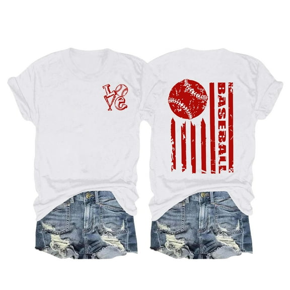 White Womens Tops Women's Spring/summer Baseball Print Loose T Shirt Short Sleeve Top Shirts for Women