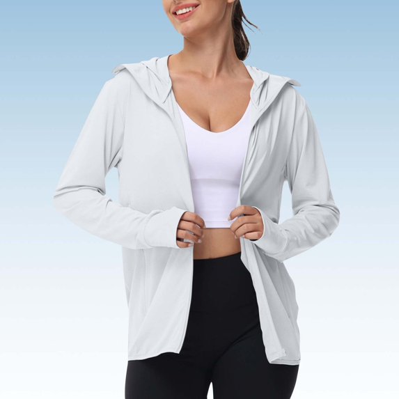 White Womens Tops Women's Sun Shirts Jacket Zip Up Hoodie Long Sleeve Summer Ice Outdoor with Pockets Shirts for Women