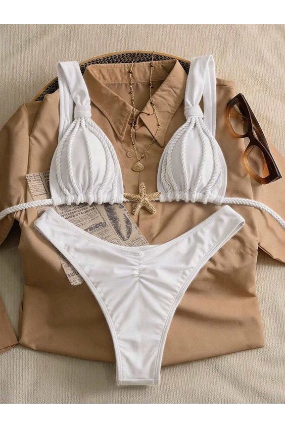 White Womens Two-Piece Bikini Set With Braided Straps, Ruched Detail, Tie-Side Bottoms For Beach Vacation